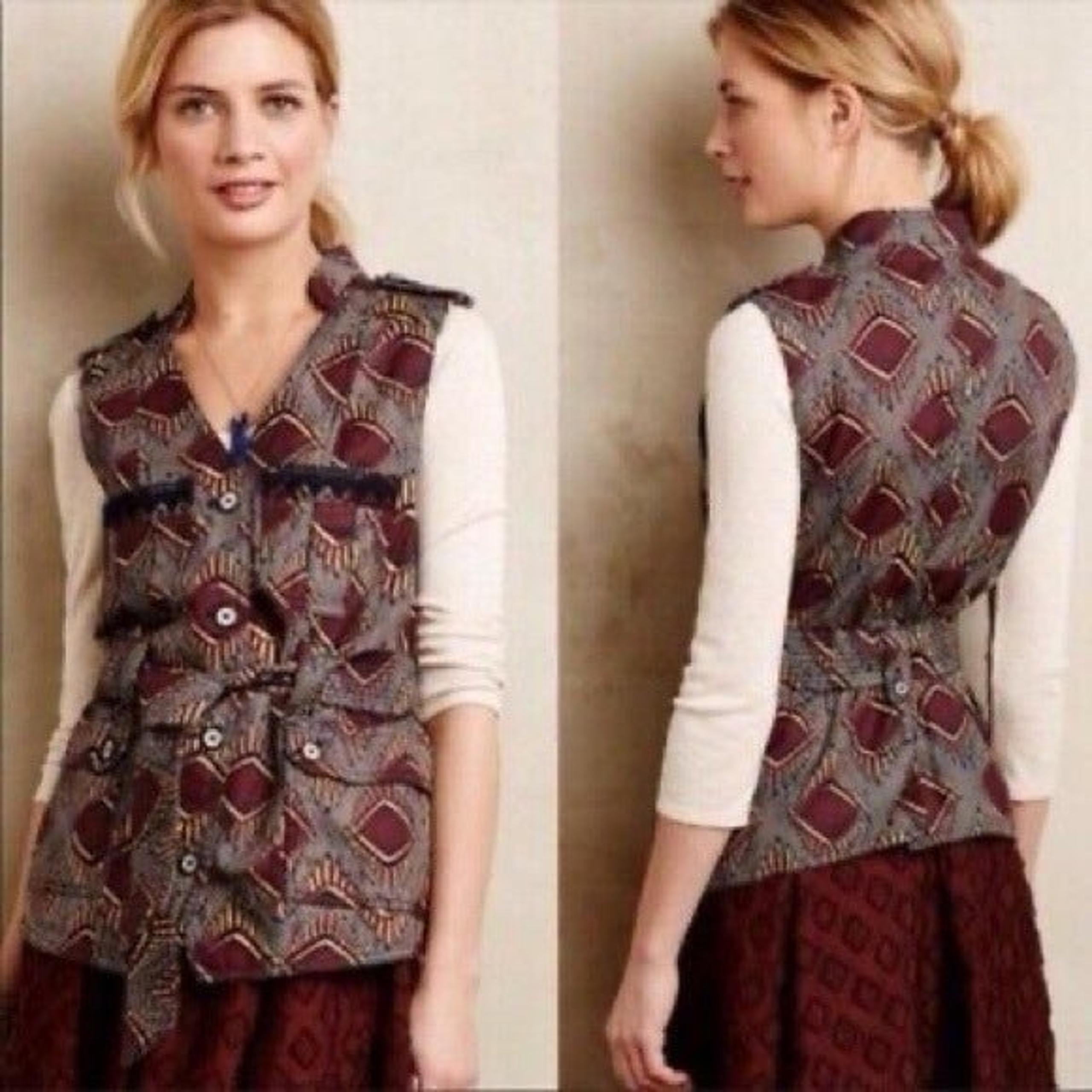 Elevenses Anthropologie Geometric Vest Belted Sleeveless Blouse Top Career Med