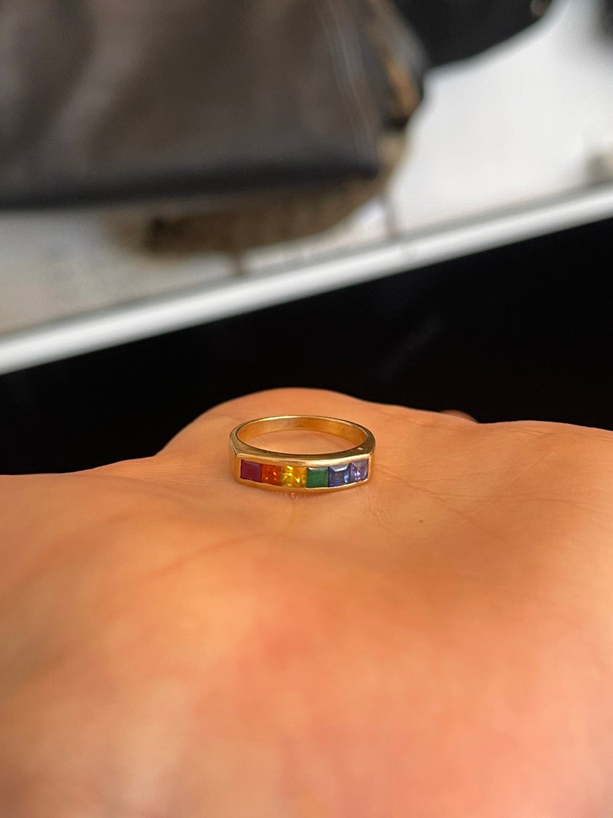 14K Yellow Gold Rainbow gemstone Band Ring emerald ruby