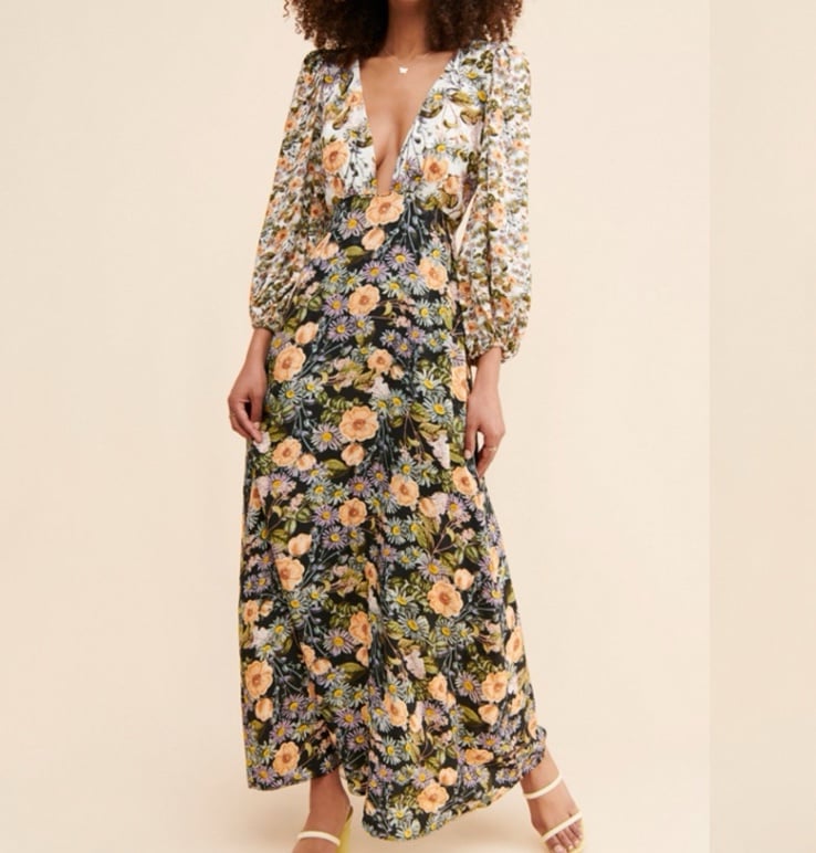 New Anthropologie x For Love and Lemons Arabella Maxi Dress Sz S Black Floral