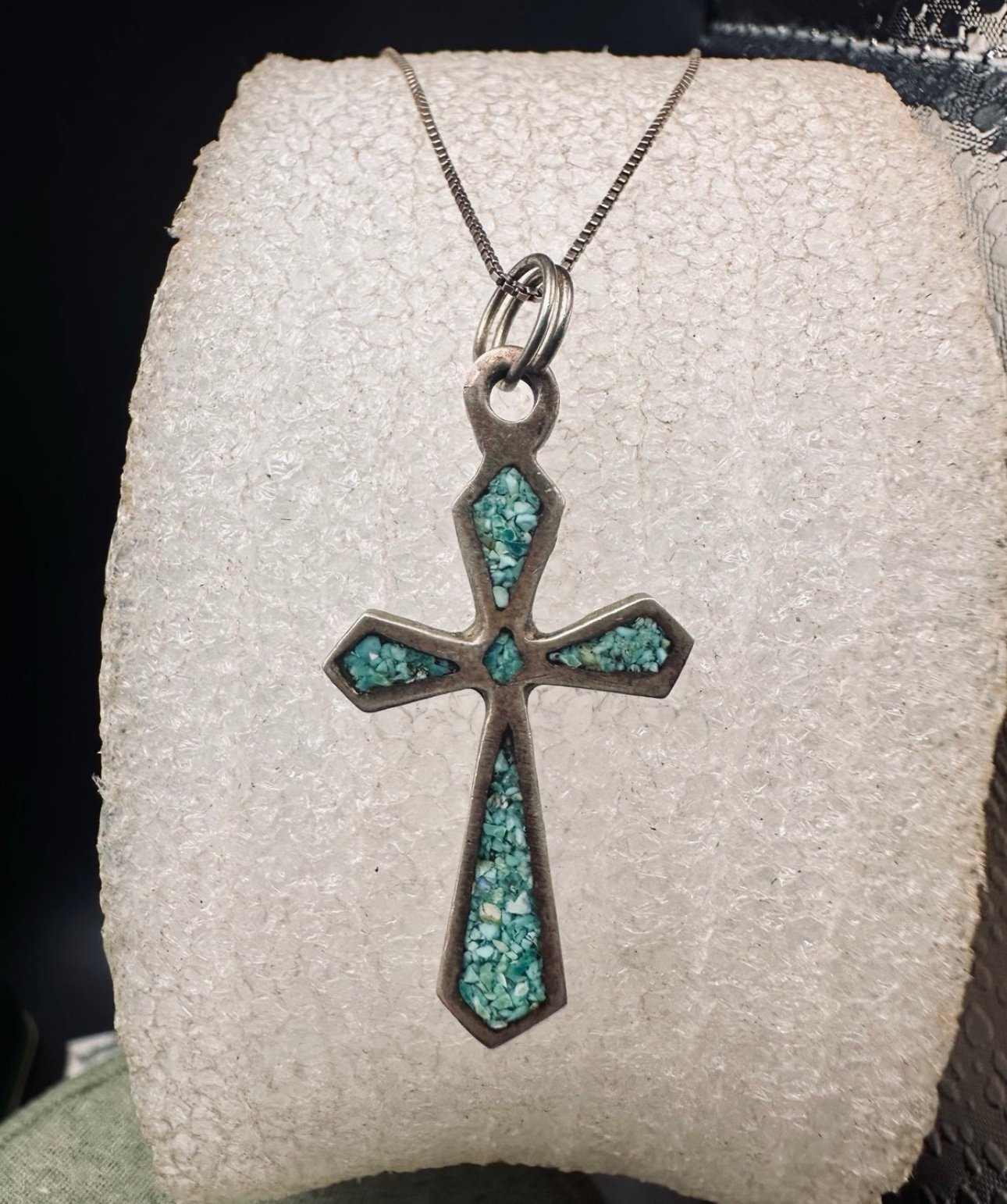 Vintage Sterling Crushed Turquoise Viking Style Cross pendant with chain