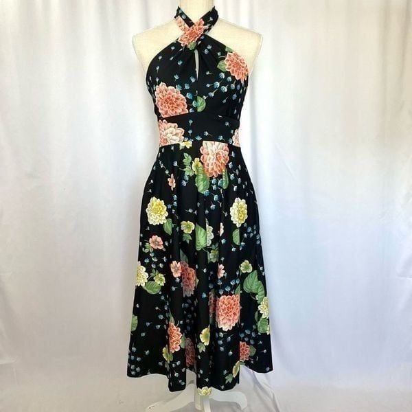 Vintage Designer Lillie Rubin Floral Halter Midi Dress Women’s XS-S Retro Fit &