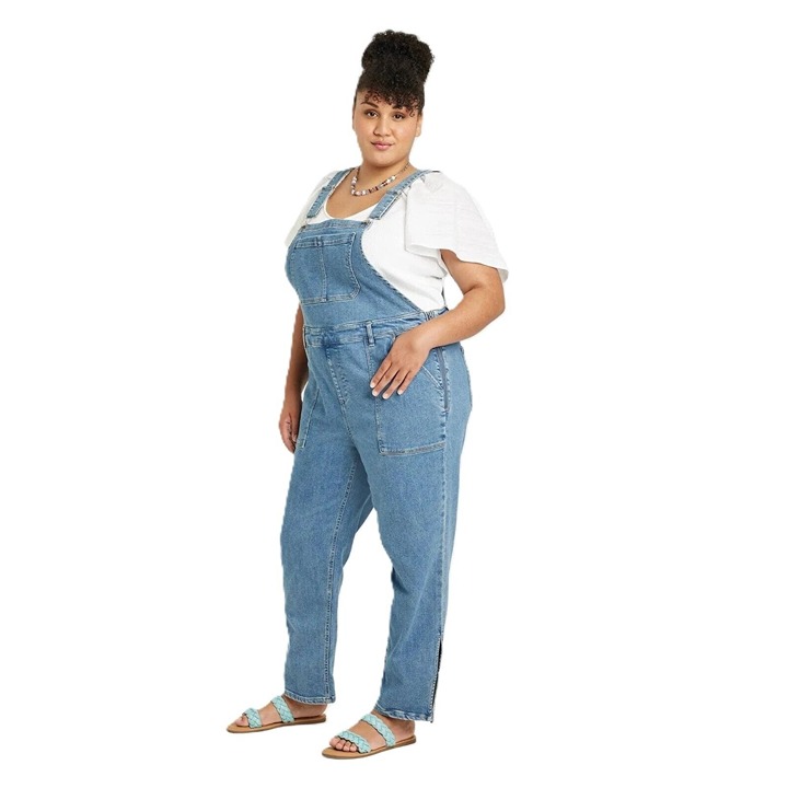 Ava & Viv Women's 22W Medium Blue Wash Denim Jean Side Zipper Classic Overalls
