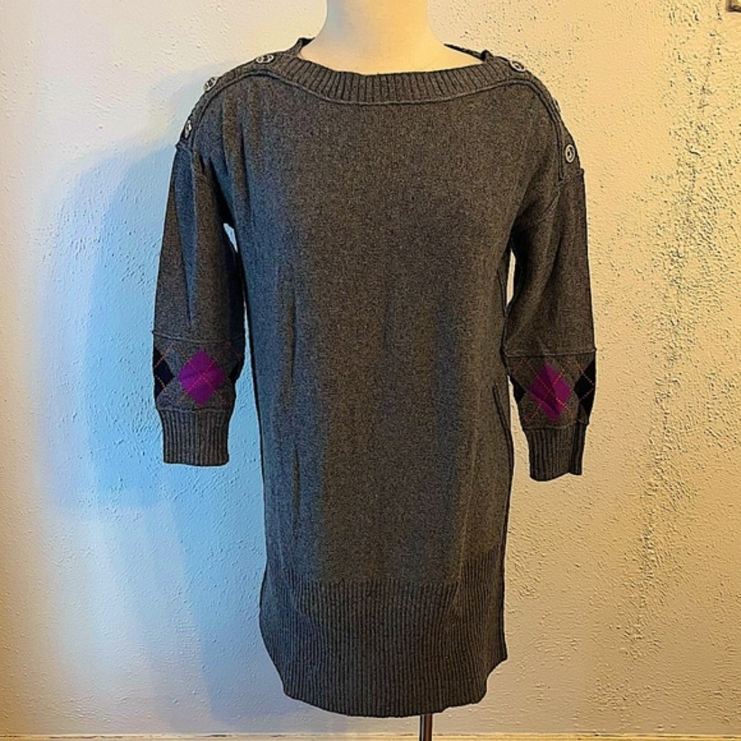 Juicy Couture Charcoal Grey Wool Blend Sweater Dress 3/4 Sleeve Argyle Print
