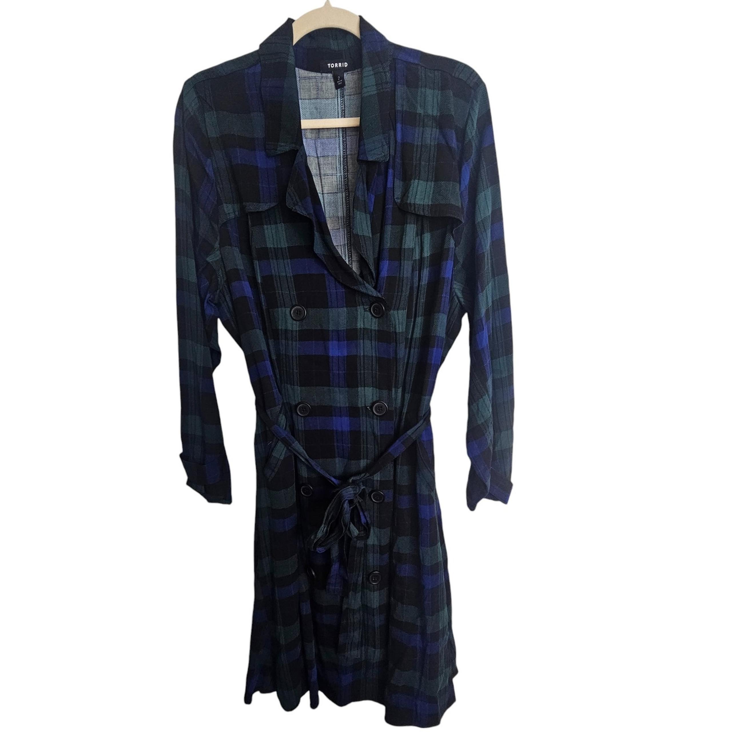 Torrid Coat Trench Coat Women 2X Black Green Tartan Plaid Trench Coat Women