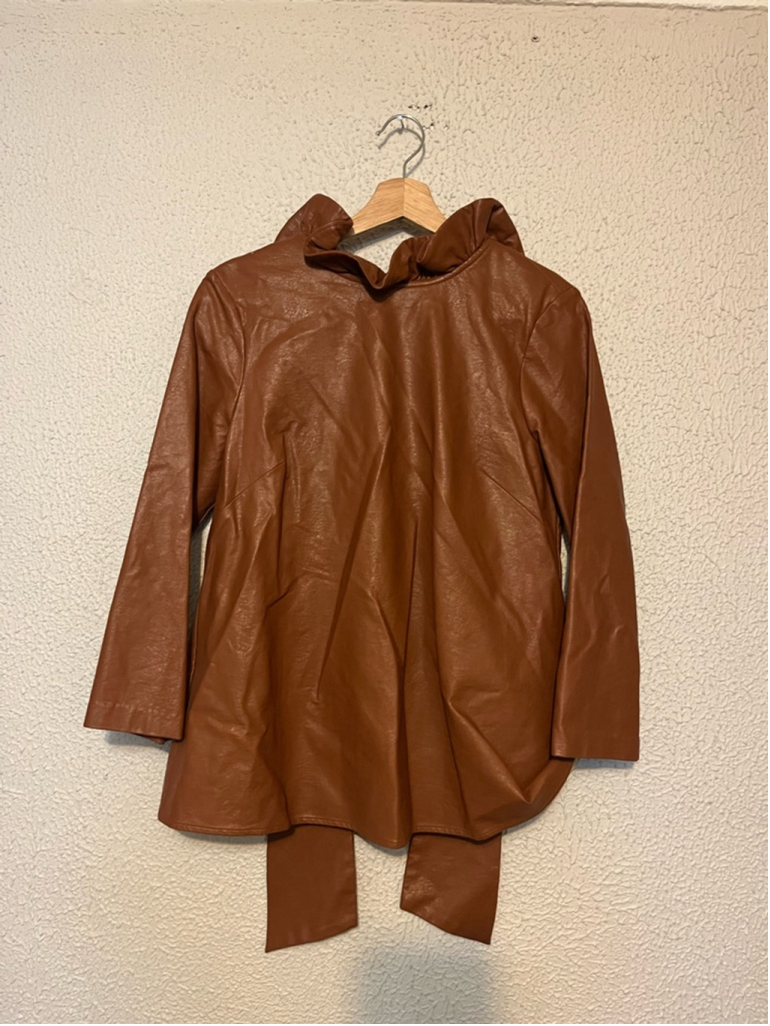 Tuckernuck Cognac Brown Faux Leather Faye Blouse Top High Neck Ruffle Bow Tie