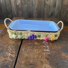 Vtg Fire King Anchor Hocking 432 Casserole in Hand Woven Fruit Basket Carrier