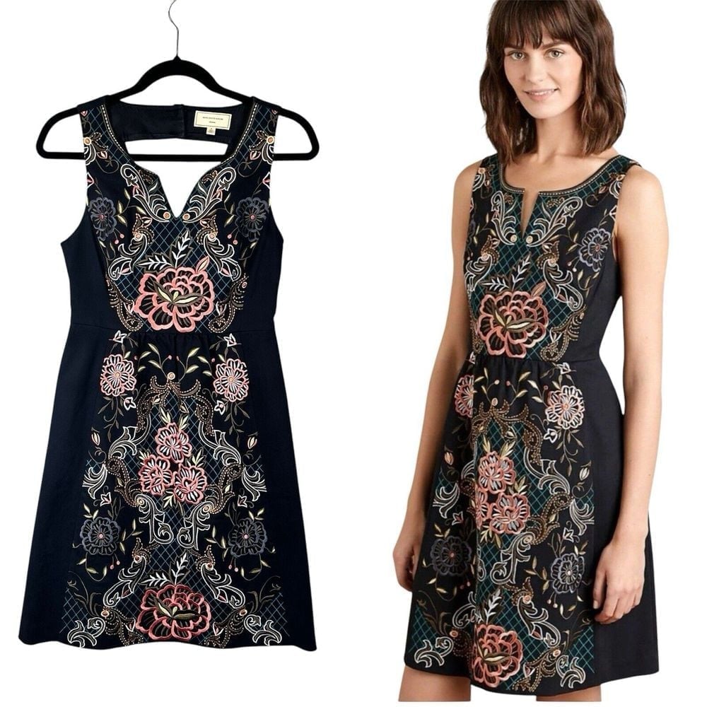 Anthropologie Moulinette Soeurs Perennial Floral Embroidered Dress Black Size 2