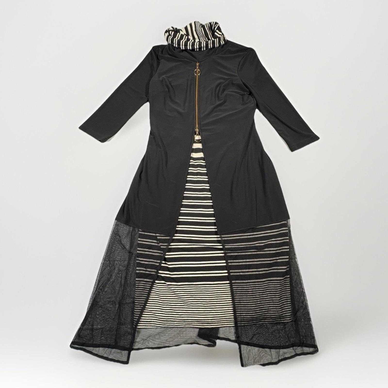 Vtg Joseph Ribkoff Dress Women Sz 4 Black White Cowl Neck Zippers Stretch (A23)