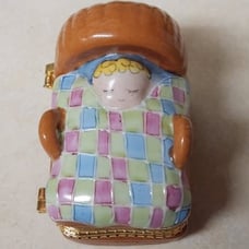 Vintage Lillian Vernon Porcelain Baby In Cradle Hinged Box in Original Box - New