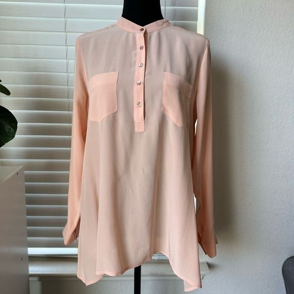 Eileen Fisher 100% Silk Petal Mandarin Collar Popover Boxy Top Blouse Petite M