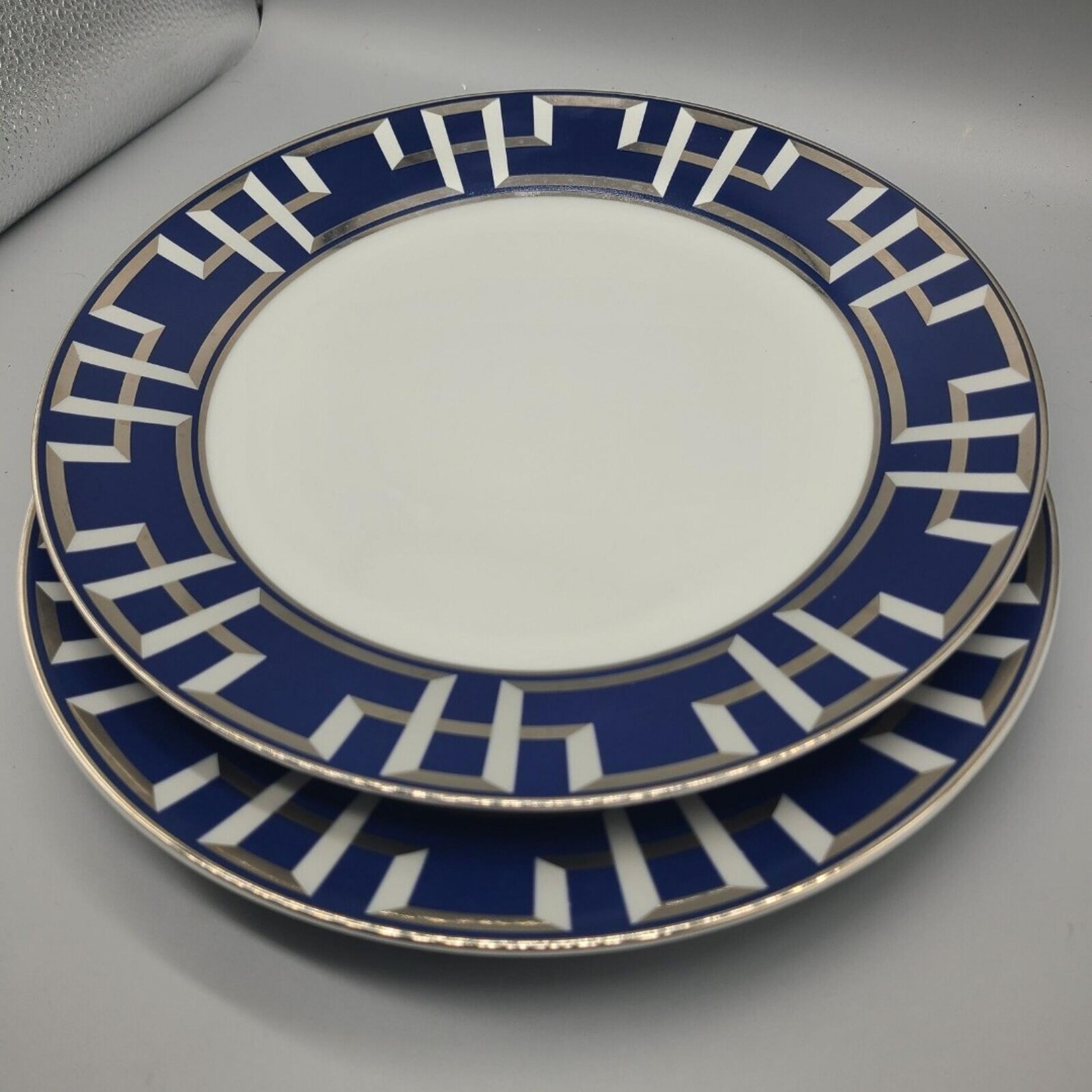 Z Gallerie set (2) dinner plates Meandros Porcelain 10.5" blue white silver new