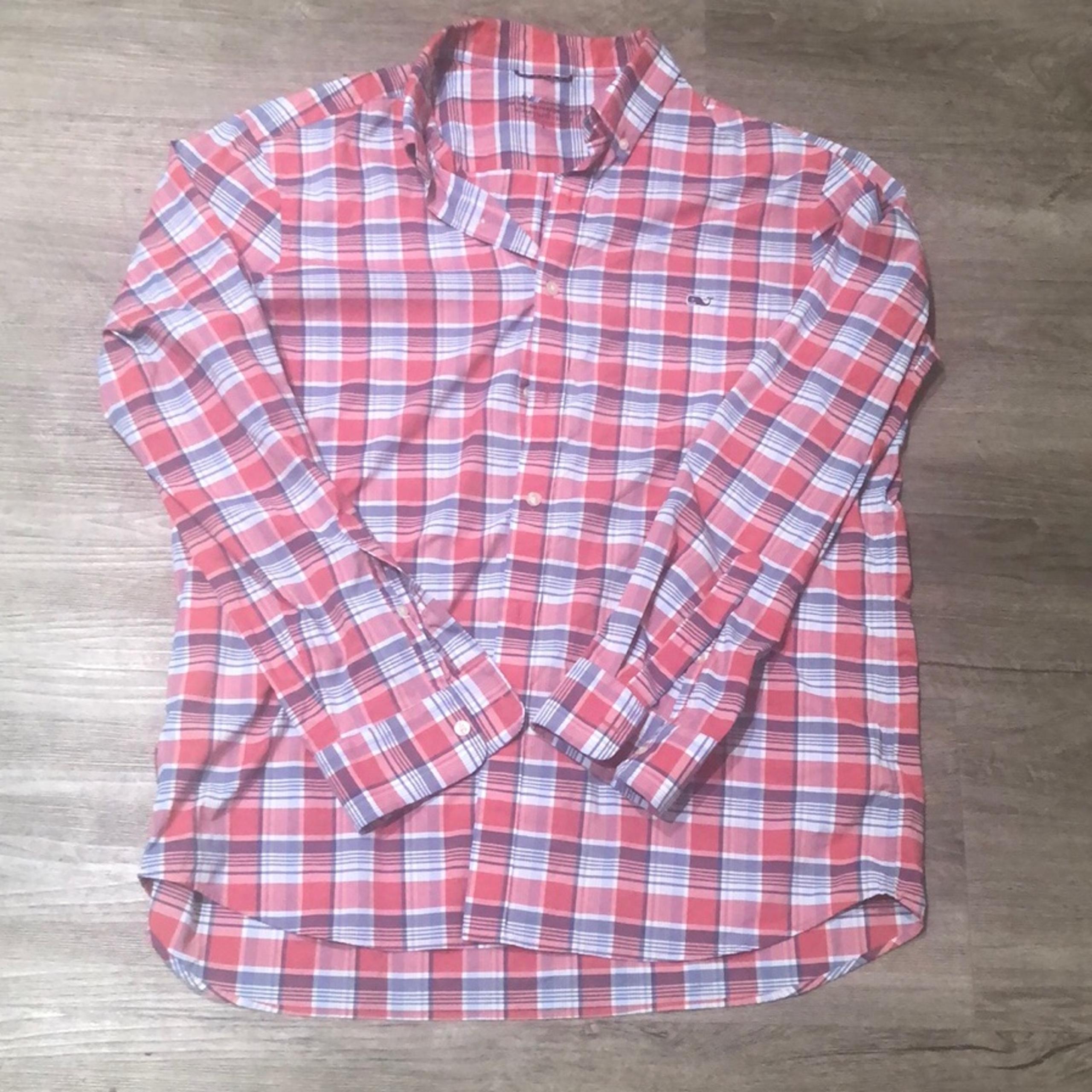 Vineyard Vines Men's Red and Blue Plaid Shirt