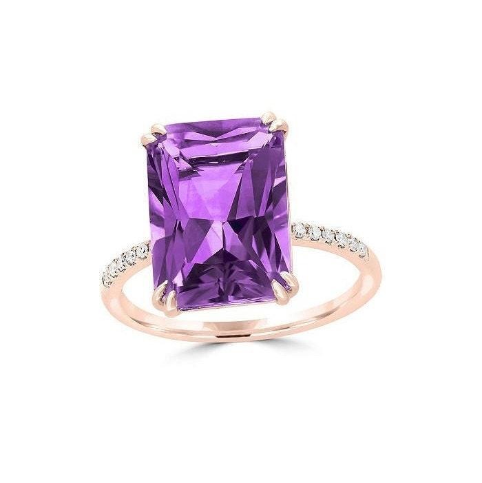 7.65Ct Natural Emerald Cut Purple Amethyst & Diamond Solitaire Ring 14k Rose