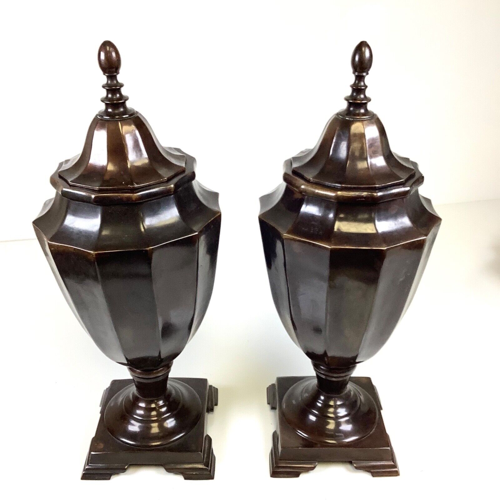 Stunning Vintage Pair of Matching Brass Lidded Urns 16” Tall * Made In India