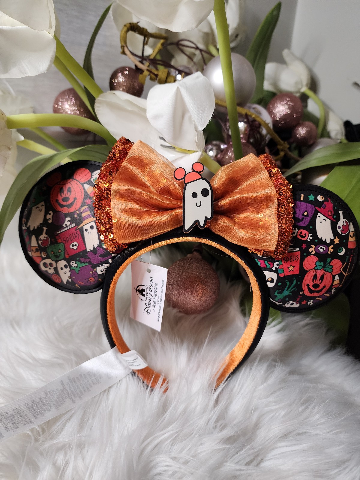 NEW! Disney Parks Minnie Halloween 2022 Ear Headband Sequined Bow GITD Ghost Boo