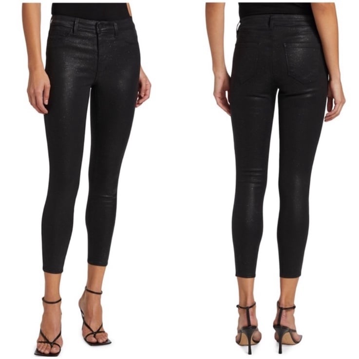L'AGENCE NWT Black Margot High Rise Jean Noir Silver Glitter Coated Size 27