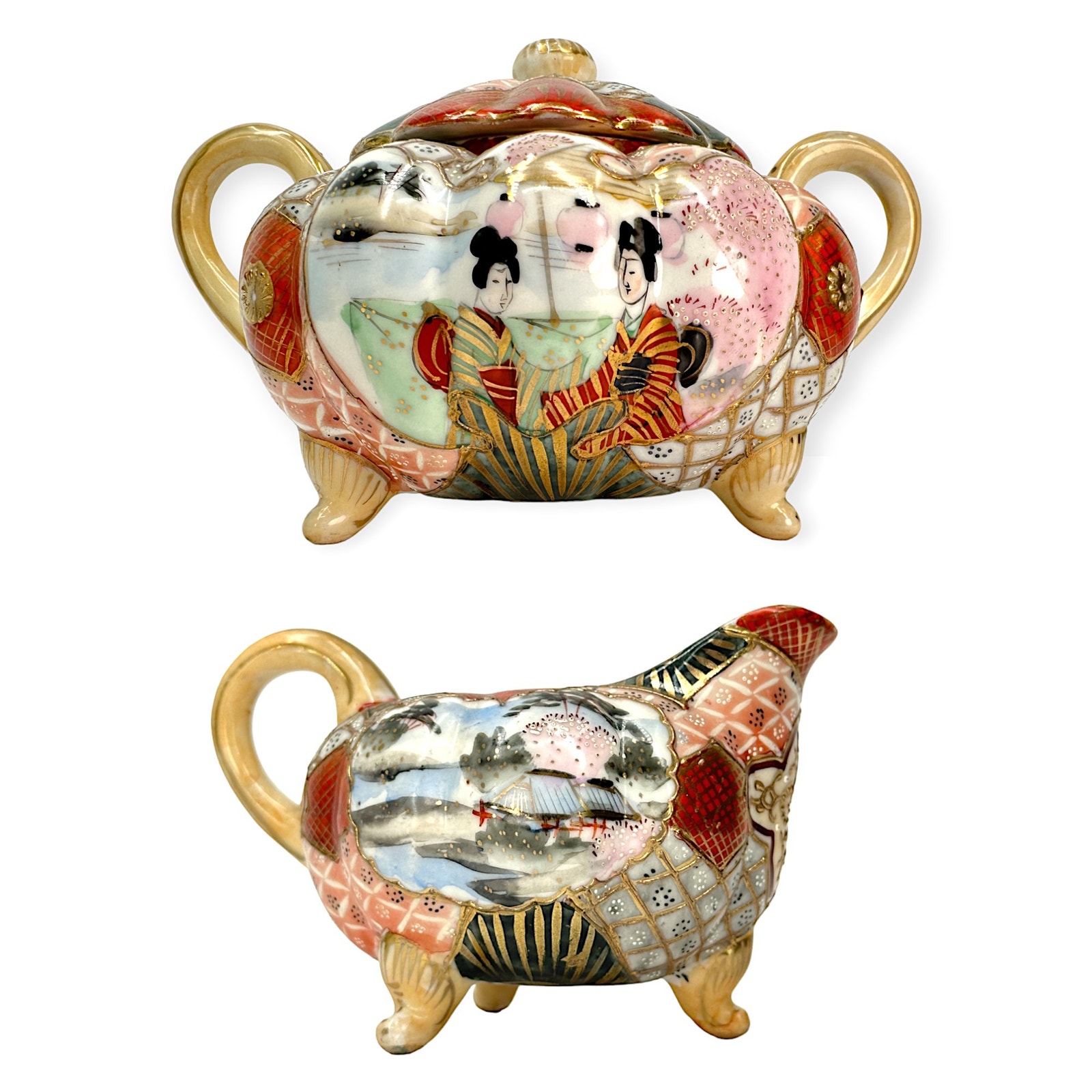 Antique Rare Oriental Nippon Porcelain China Marked Creamer & Sugar Bowl