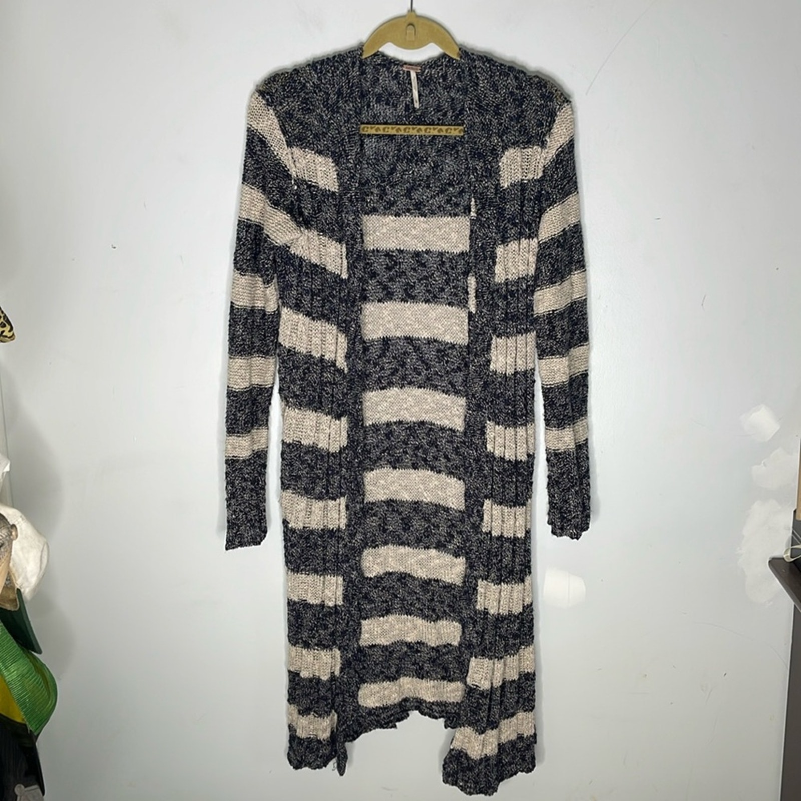 FREE PEOPLE Navy and Cream Striped Cotton Blend Knit Long Cardigan Size Medium
