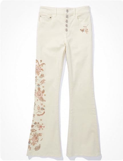 american eagle cream/cappuccino high waisted super flare jeans