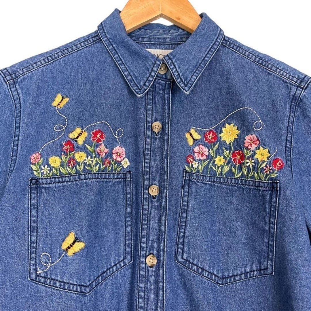 Vintage Embroidered Shirt Denim Flowers Butterfly Pocket Button-Up Twee Medium