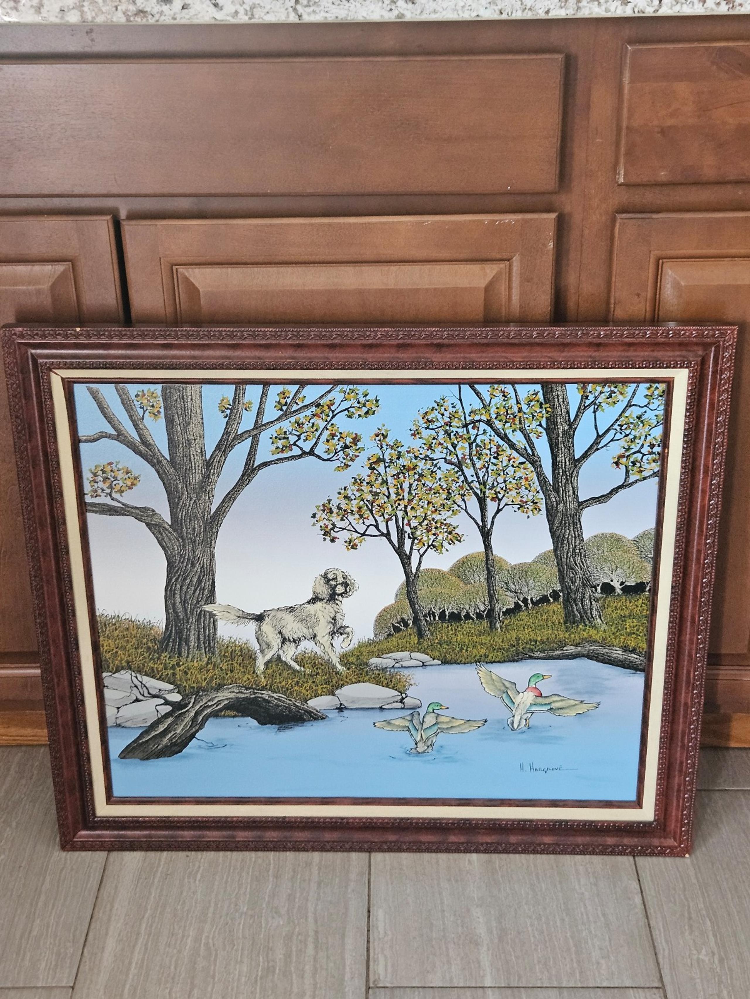 1980s framed painting by H. Hargrove, titled "Dog Spaniel, Ducks In Woods"signed