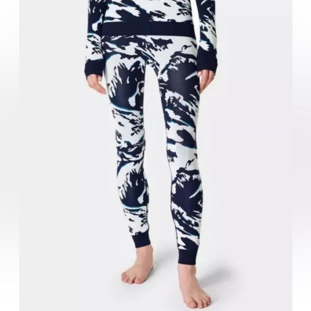 NWT Sweaty Betty Peaks Ski Base Layer Leggings Blue Peaks Jacquard Size Small