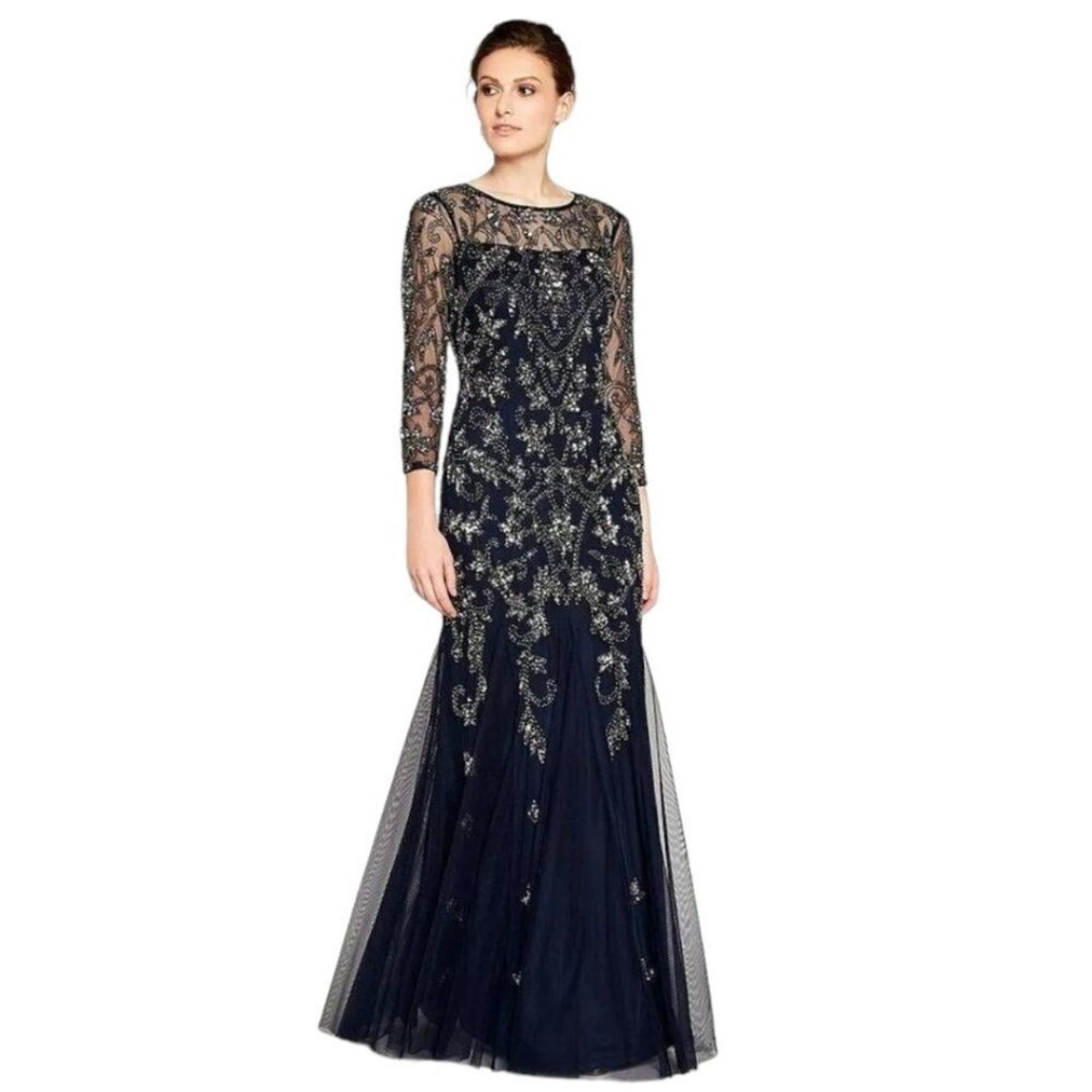 Adrianna Papell Size 4 Beaded Illusion Midnight Blue Long Sleeve Evening Gown
