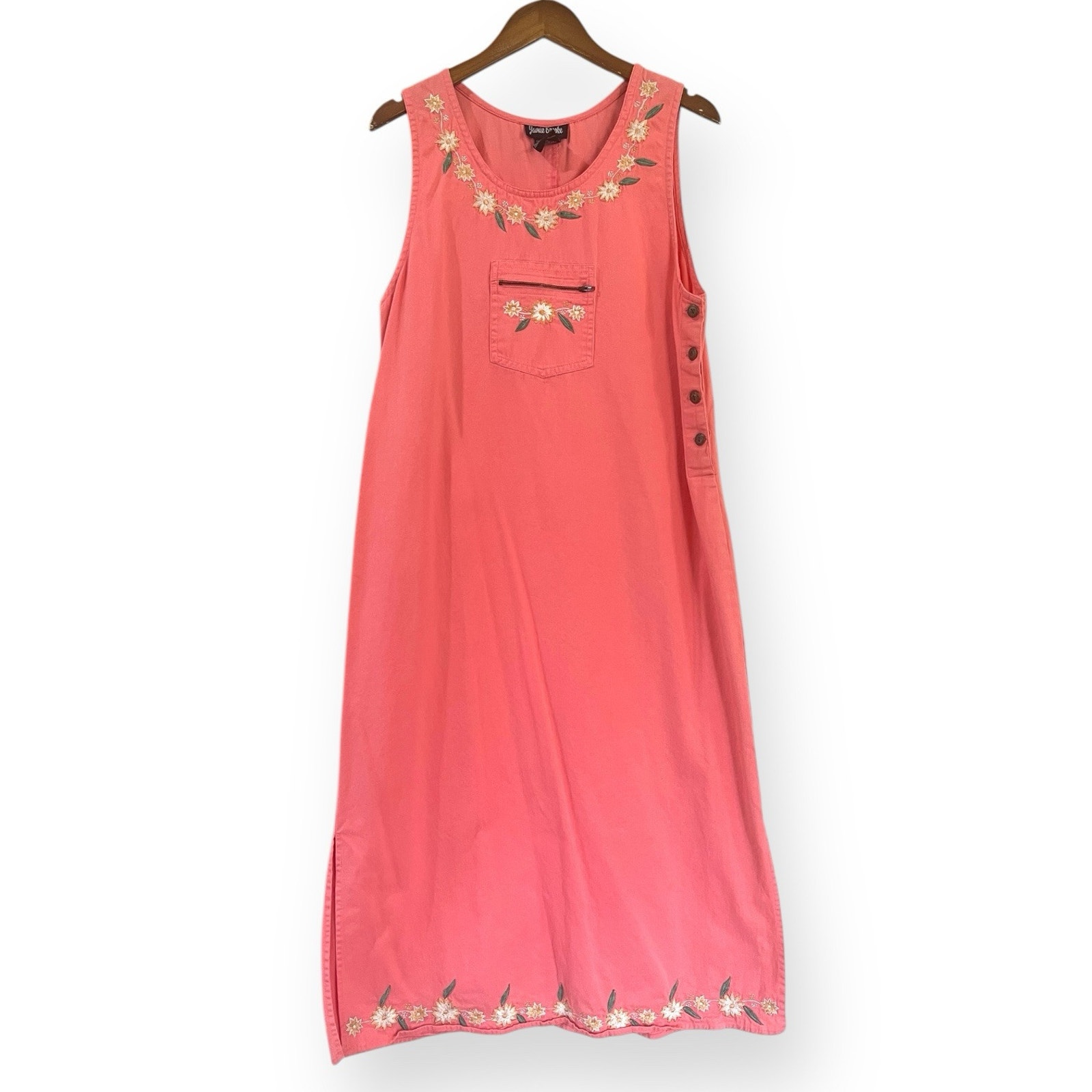 Vintage 90s Jamie Brooke Midi Dress Size M Pink Floral Embroidered Cotton Jumper