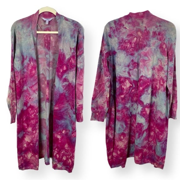 Hand tie dyed duster cardigan topper sweater jacket galaxy purple lavender L