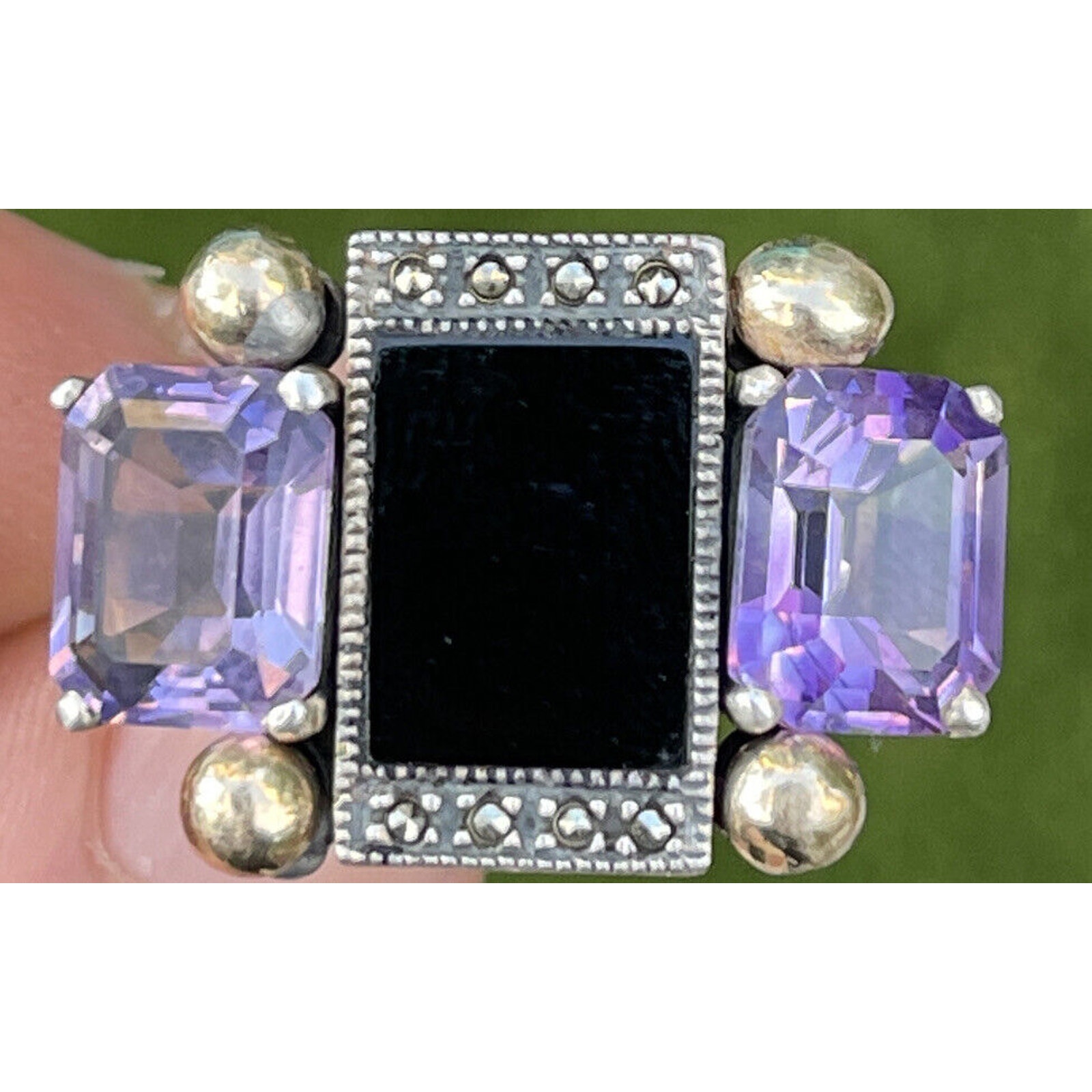 Judith Jack 14k Gold Sterling Silver Ring 925 Size 6.5 Onyx Amethyst Deco Style
