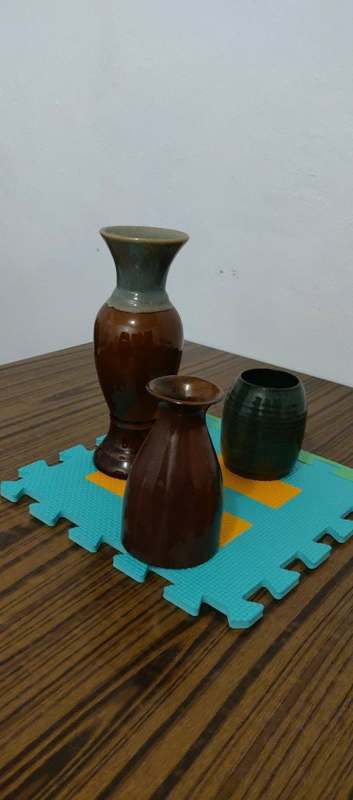 3 collectible porcelain ceramic stoneware vase wine bottle pot green cup statue