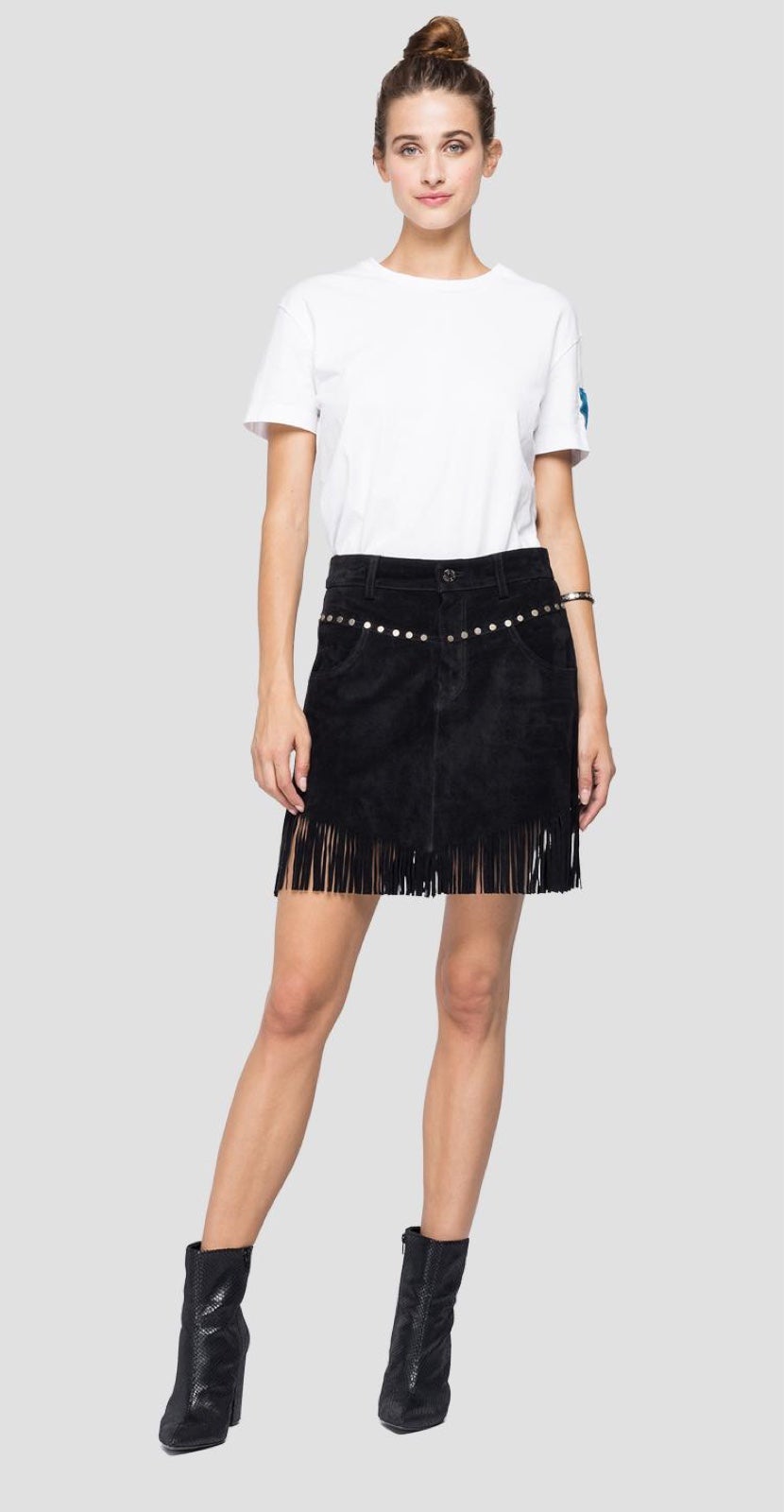REPLAY SUEDE MINI SKIRT WITH FRINGES SIZE M NWOT