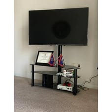 Modern 3-in-1 Flat TV Stand for TVs up to 65 inch, Black Glass Shelves with Swiv
