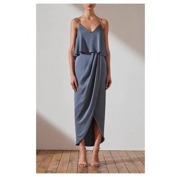 Shona Joy Women's Luxe Frill Tulip Hem Maxi Dress Pewter Gray/Silver Size 4