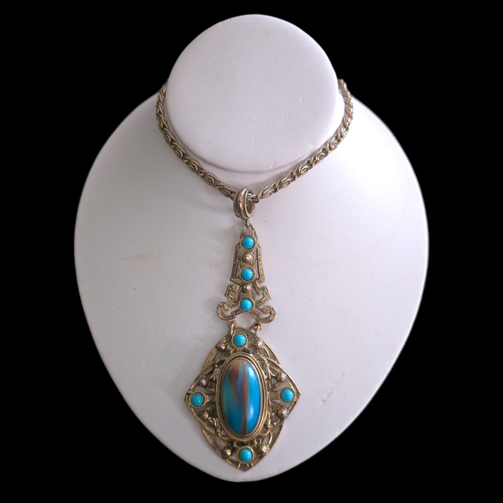 Vintage Whiting & Davis Art Deco Faux Turquoise Silver Tone Pendant Necklace 24"