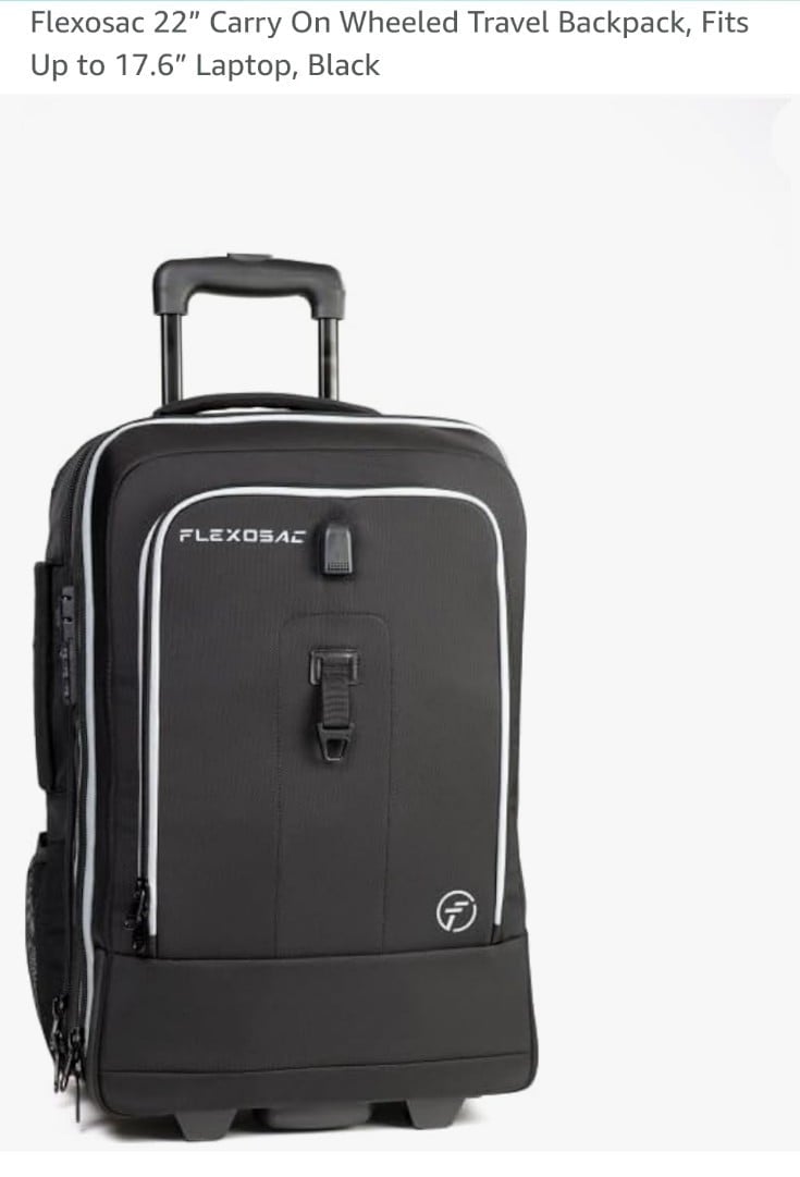 Flexosac 22” Carry On Wheeled Travel Backpack, Fits Up to 17.6” Laptop, Black