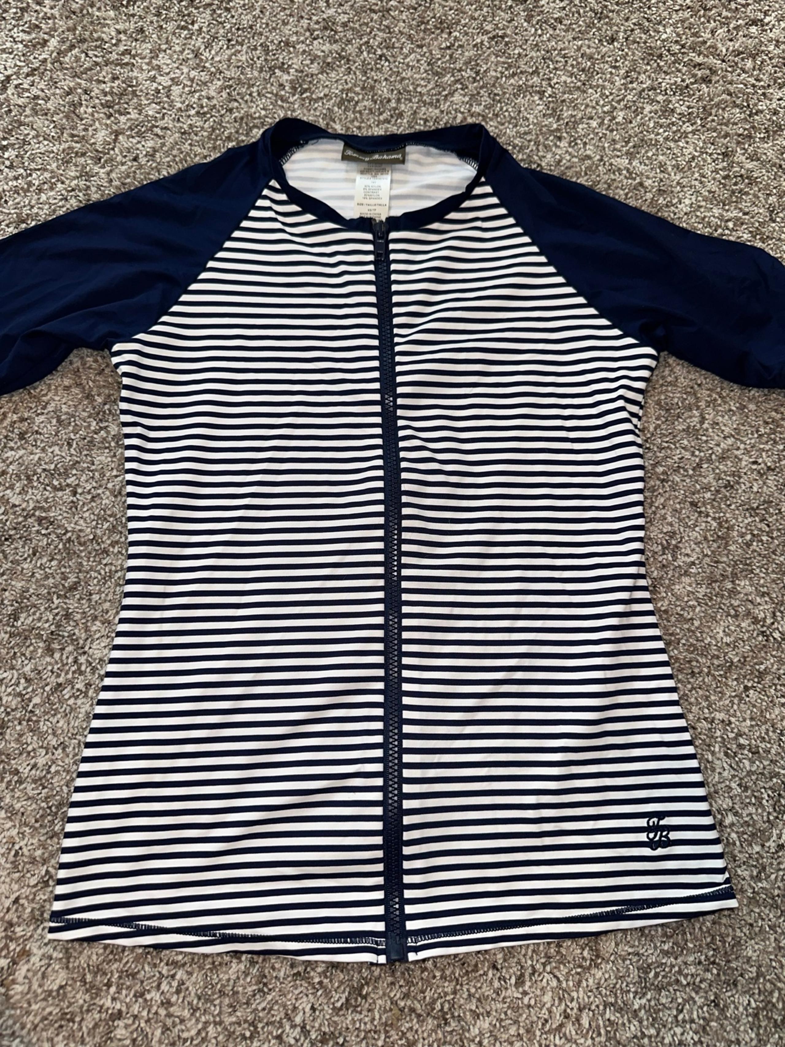 Tommy Bahama Women’s Zip Up Navy Blue White Striped Rash Guard Swim Top Size XS