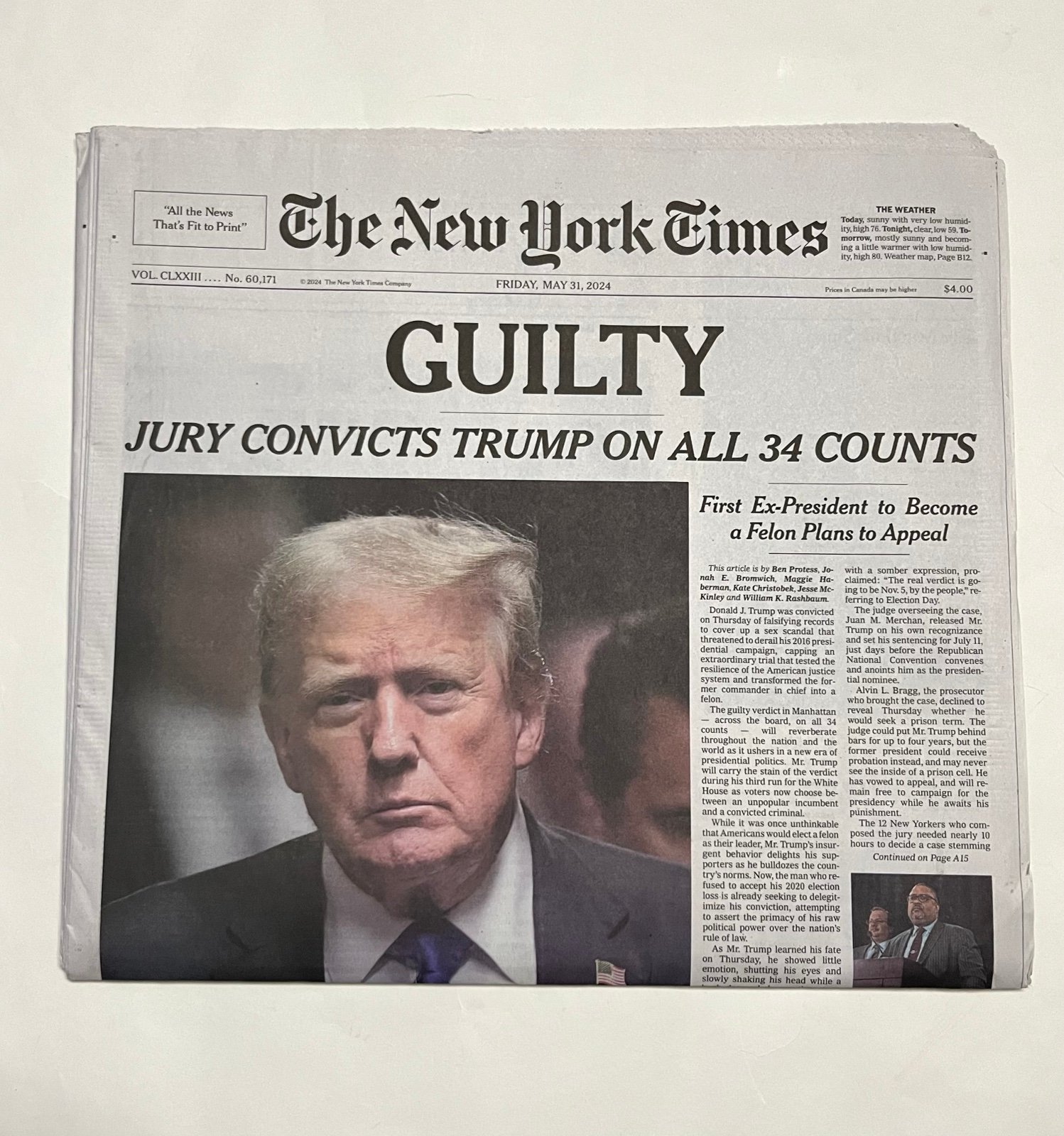 DONALD TRUMP GUILTY NY TIMES MAY 31, 2024 JURY CONVICTS 34 COUNTS MINT/BRAND NEW