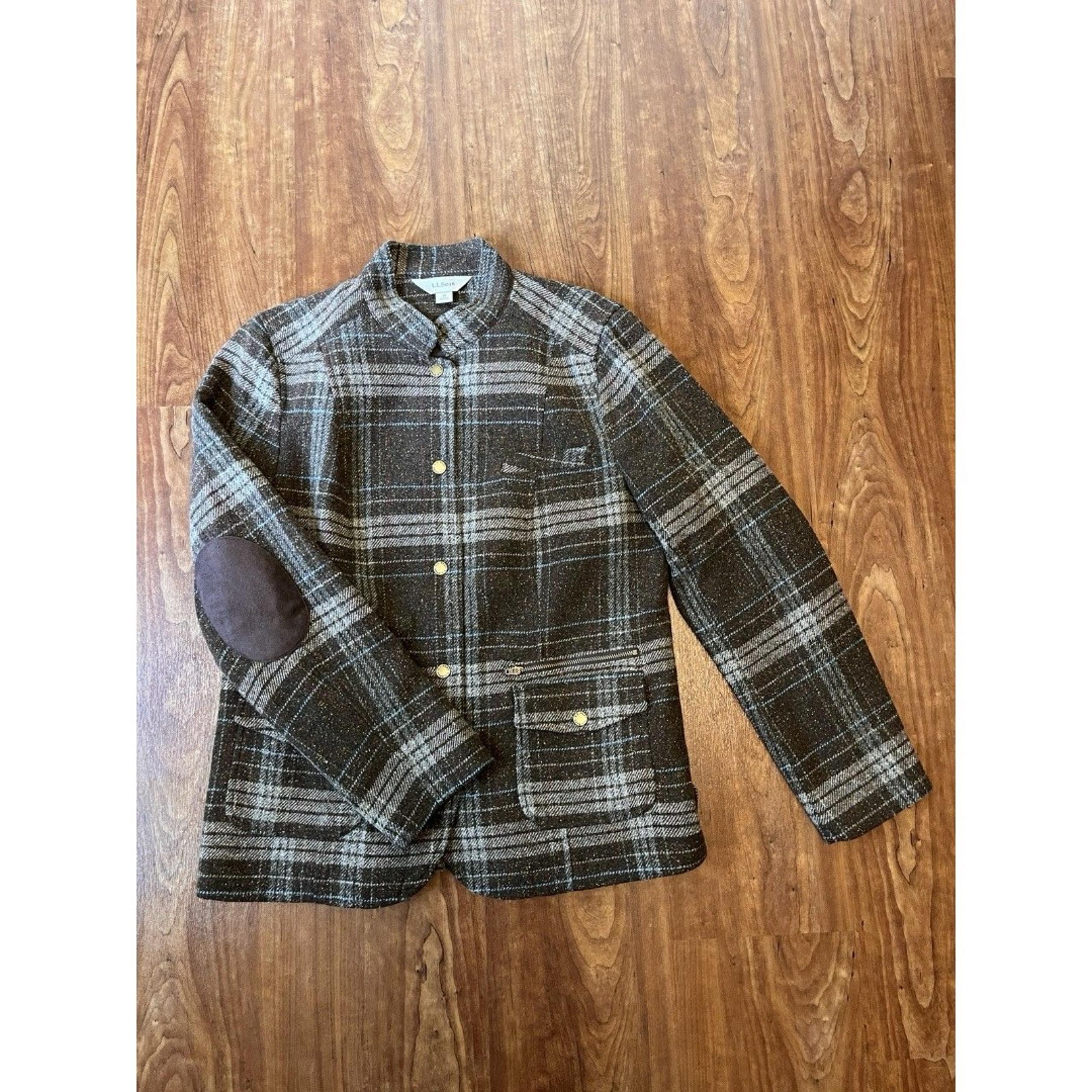 L.L. Bean Jacket Womens Size M Brown Elbow Patches Wool Plaid Barn Equestrian