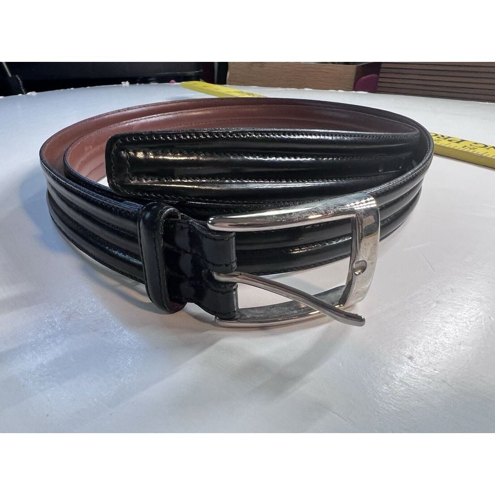 Italy Men's Leather Belt Size 46 Black European Tanned Cowhide Brass Buckle