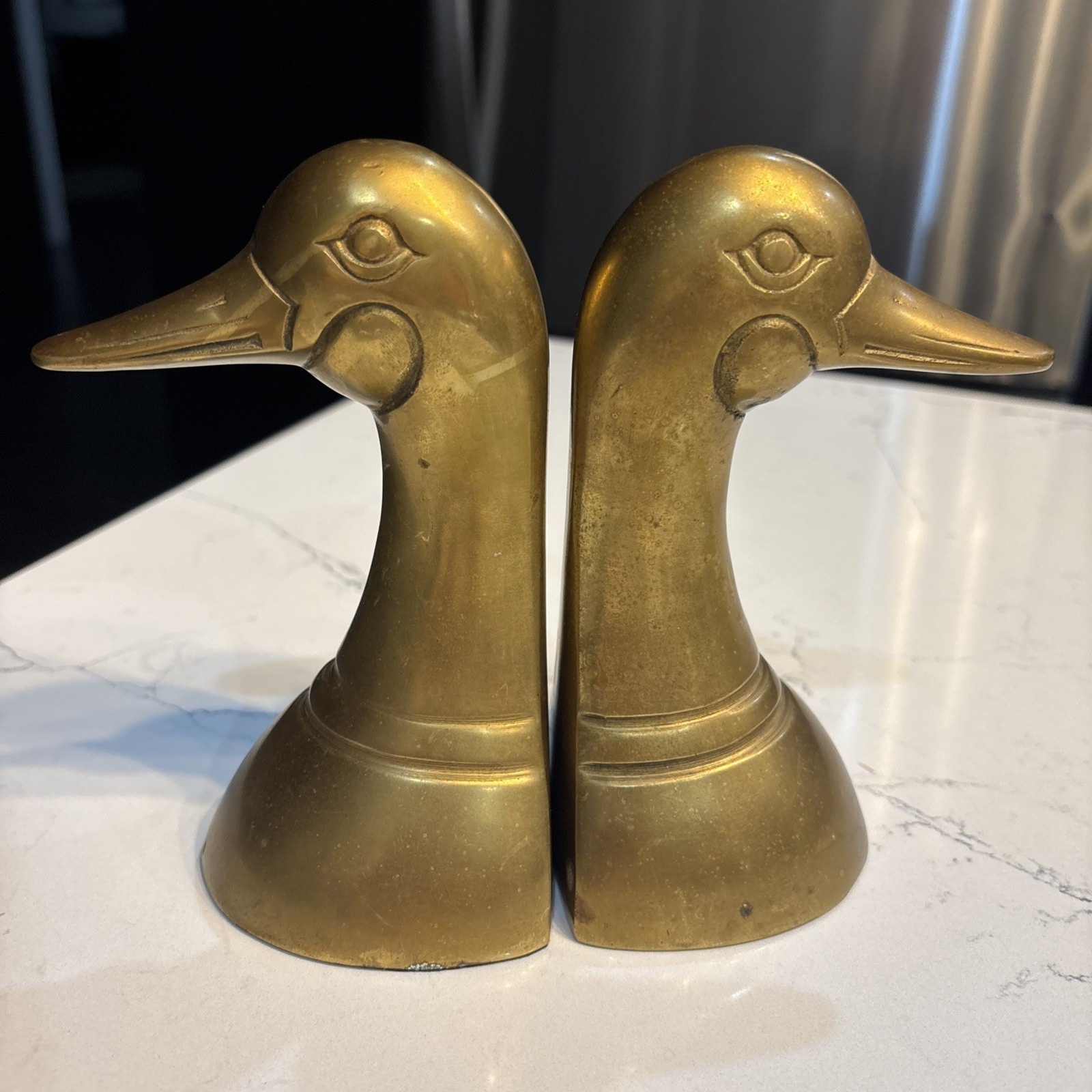Brass Duck Mallard Head Bookends Vintage MCM 6.5 Tall