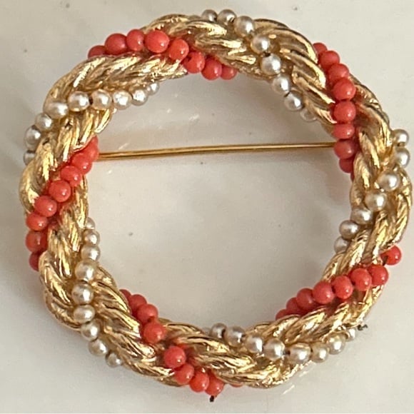 Vintage Napier Brooch Signed 70s Large Textured Gold Triple Circular Wreath Pin