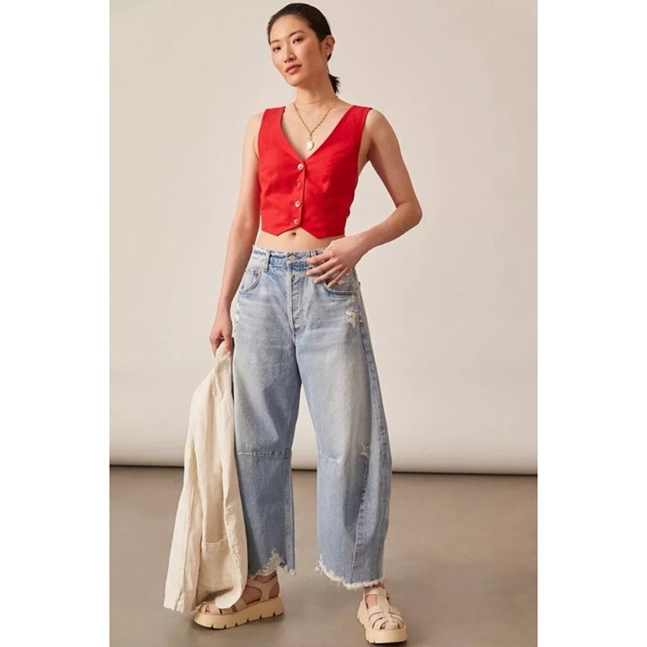 Mare Mare x Anthropologie Cross Back Button Up Vest Top Womens Size L Crop Shirt