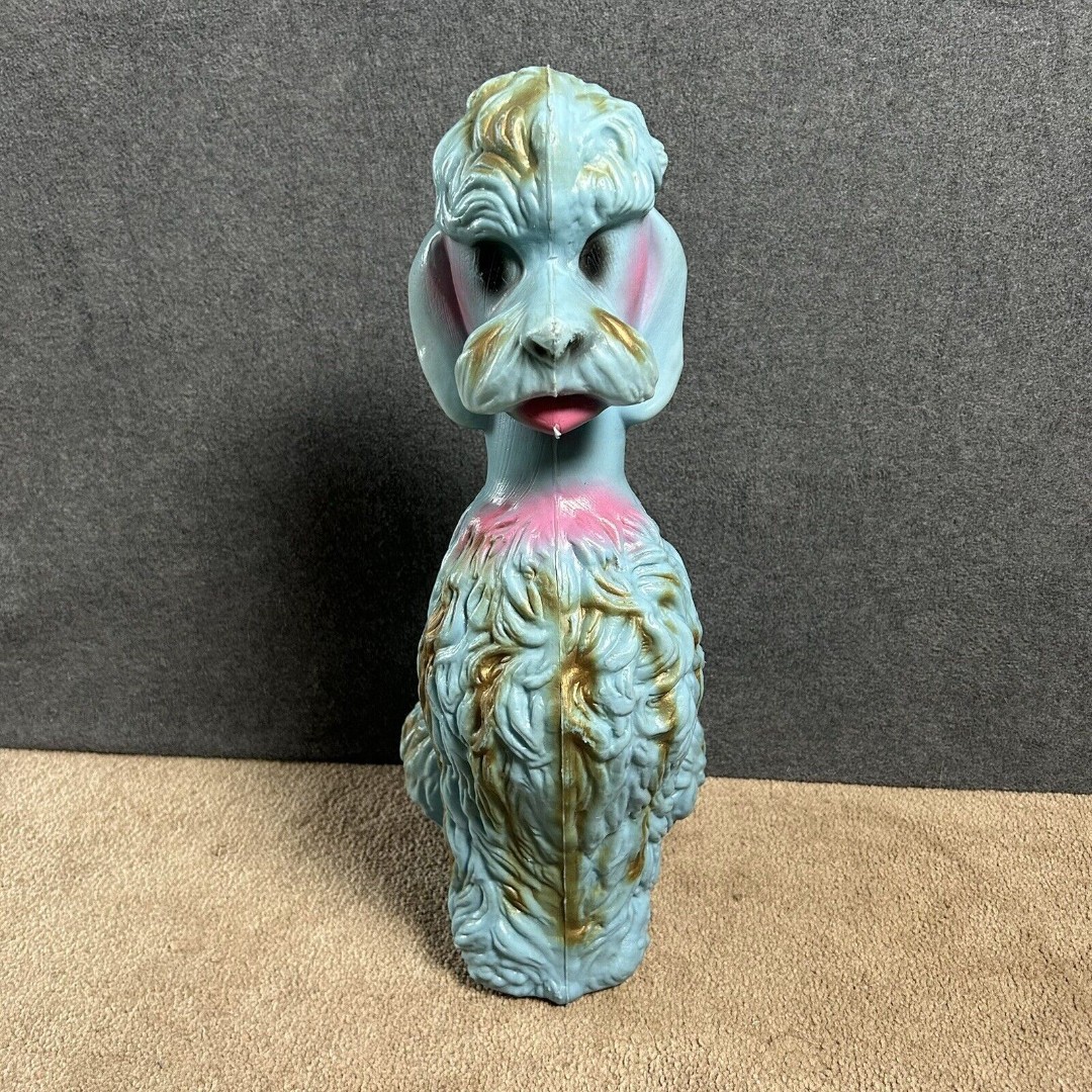 VTG 16.5 Blue Gold Poodle Plastic Blow Mold Coin Bank Piggy Bank Vintage