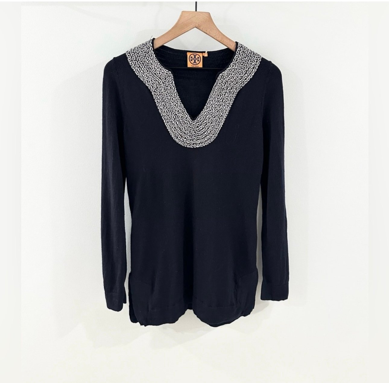 Tory Burch Embellished Wool Sweater Tunic Navy Size Small