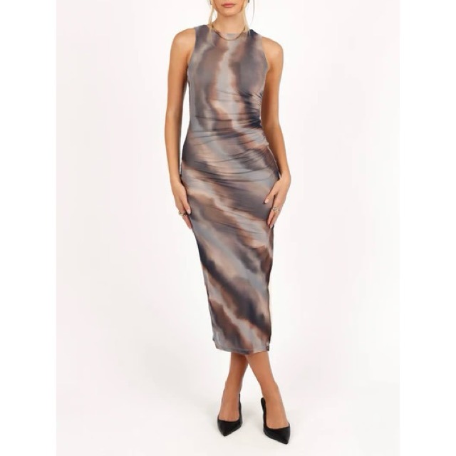 Showpo. Loralie Tie Dye Mesh Ruched Bodycon Midi Dress Brown Size 6 NWT