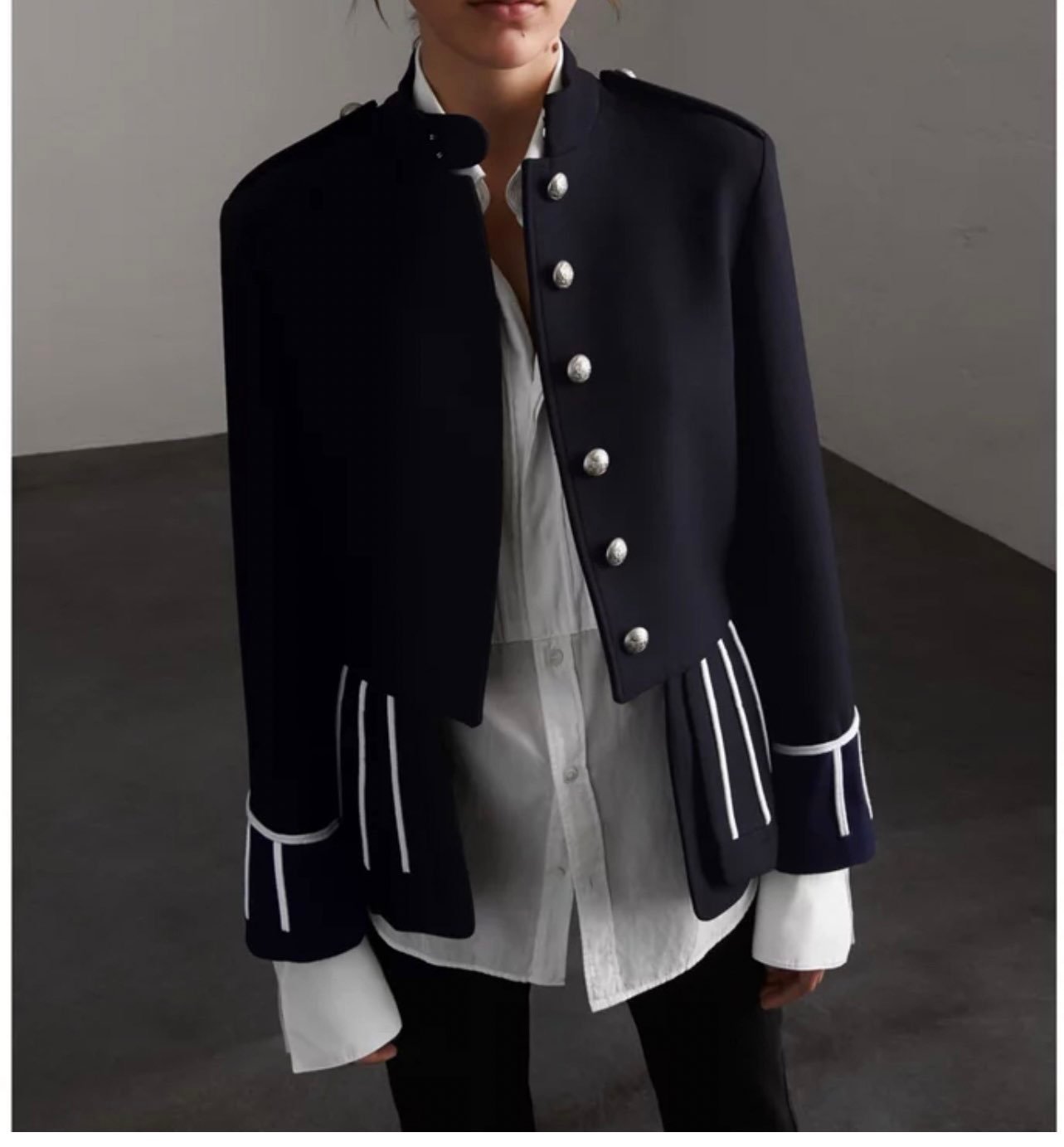 BURBERRY Navy Blue White Cord 100% Wool Military Jacket Size 2 NWT