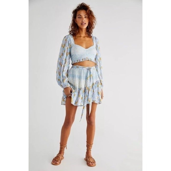 NWT Free People Naomi Printed Skirt Crop Top Long Sleeve Set Blue
