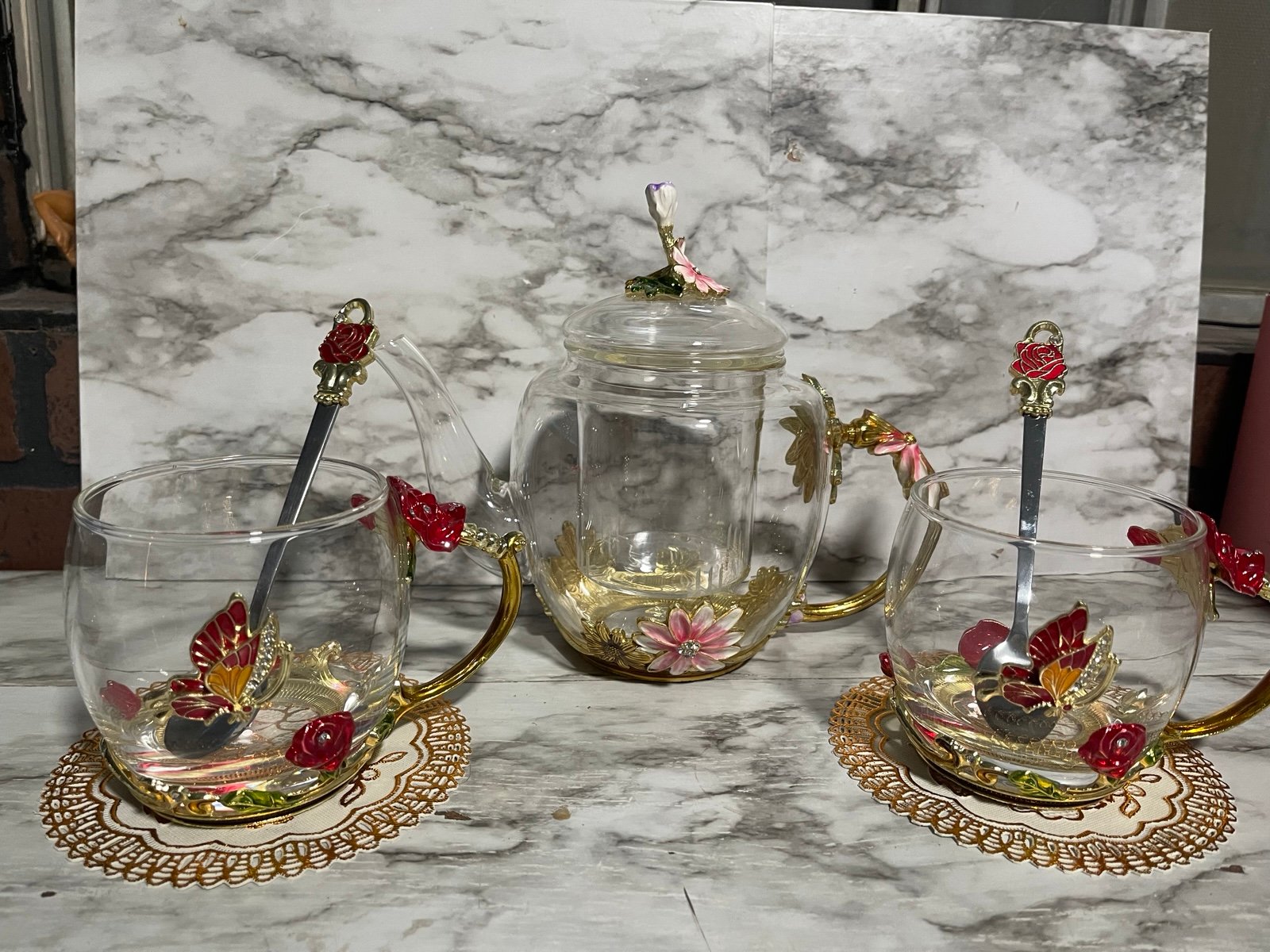Flower enamel glass tea pot