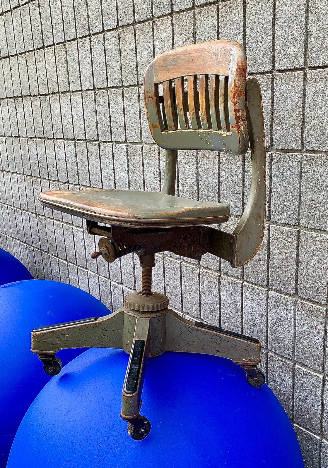 c. 1930s Vtg MCM Sikes Solid Hardwood Metal Industial Ergonomic Banker Chair